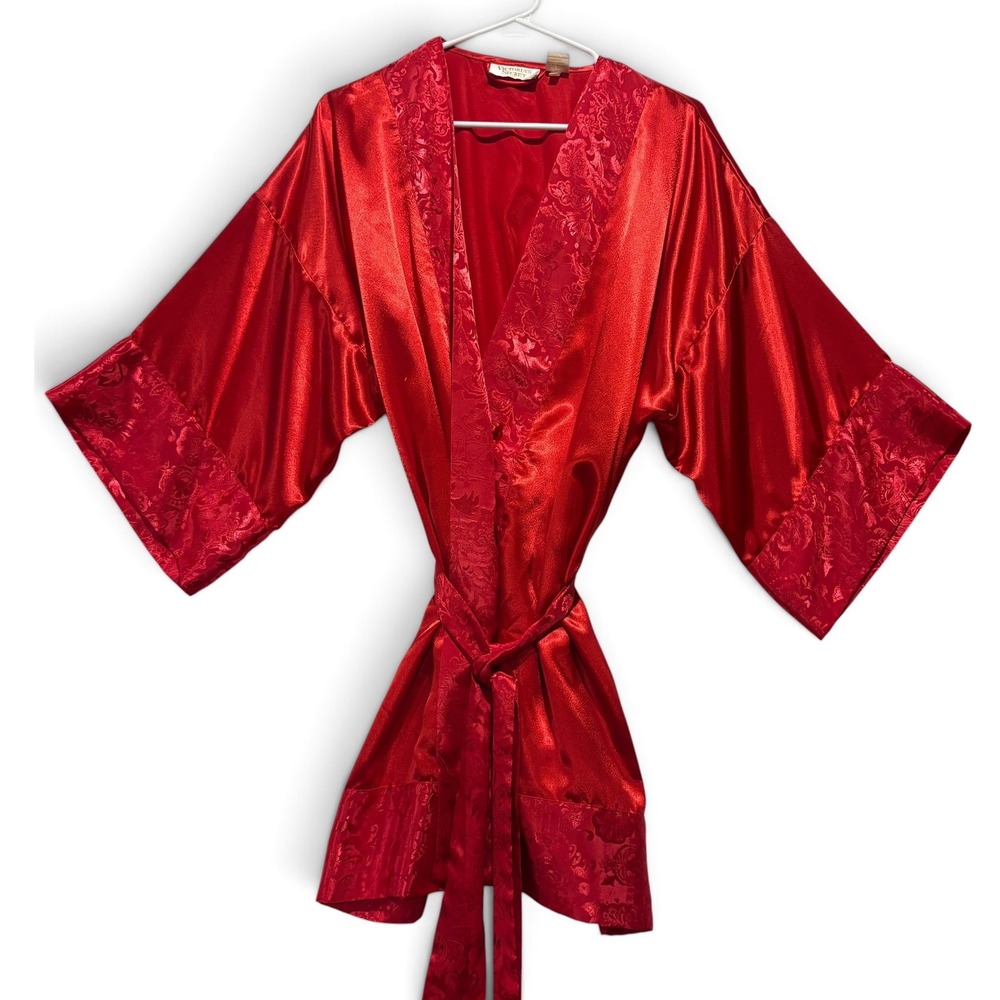 Victoria's Secret VTG Gold Label Women Red Satin Jacquard Trim Robe Kimono OSFA